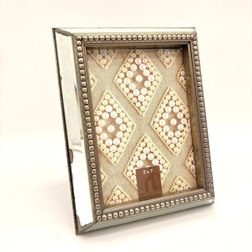 Mirrored Beaded 5x7 Picture Frame Pearl Diamond Inlay Regency Glam Decor
